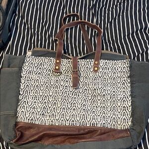 Myra Bag Canvas Tote Bag with Brown Leather Trim